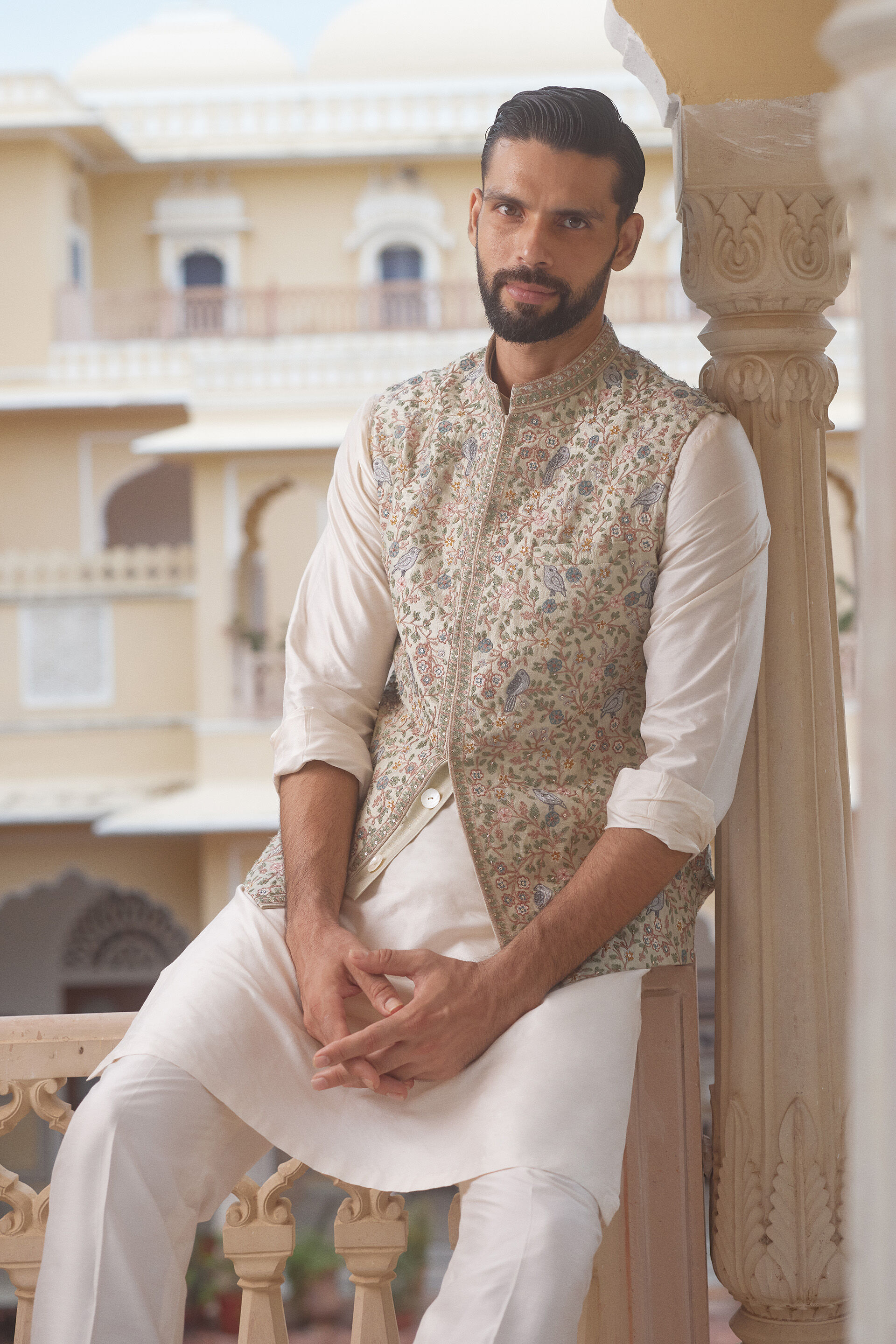 Avir Aari Embroidered Silk Nehru Jacket - Sage, Sage, image 3